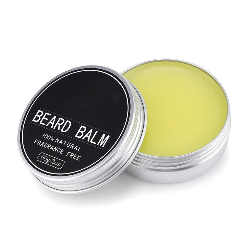 Full men's beard growth kit with grooming tools: dermaroller, beard oil, & beard balm for optimal care.