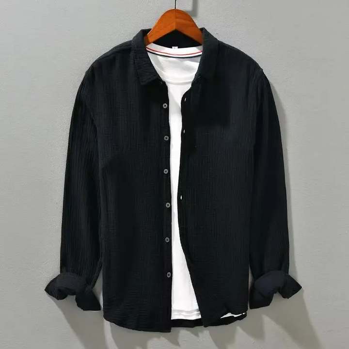 Yellow men's relaxed fit button-up shirt. Lightweight and breathable for warm weather summer style.