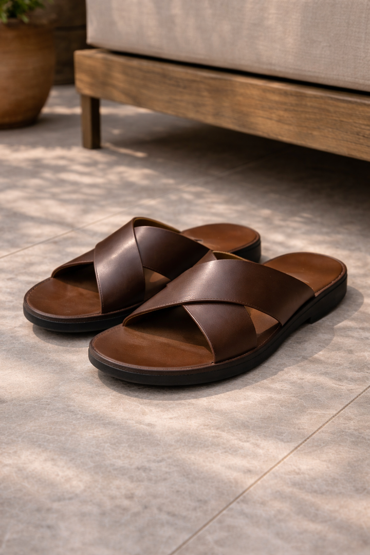 Men's black cross strap slide sandals with open toe for effortless comfort and casual summer wear.