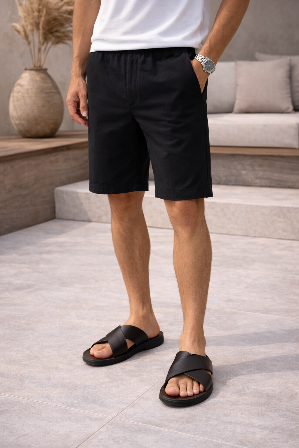 Relaxed men's cross strap open toe slides. Effortless slip-on comfort for any casual occasion.