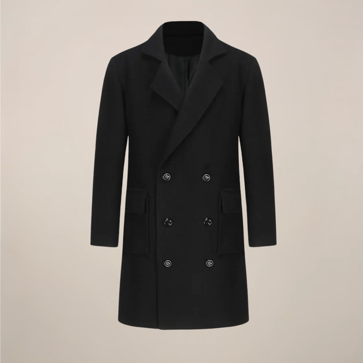 Men's black double-breasted overcoat. Classic winter outerwear, perfect for formal or business wear.