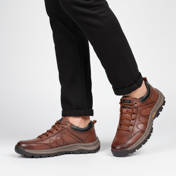 Comfortable men's lace-up walking dress shoes in leather, offering orthopedic support for long days.