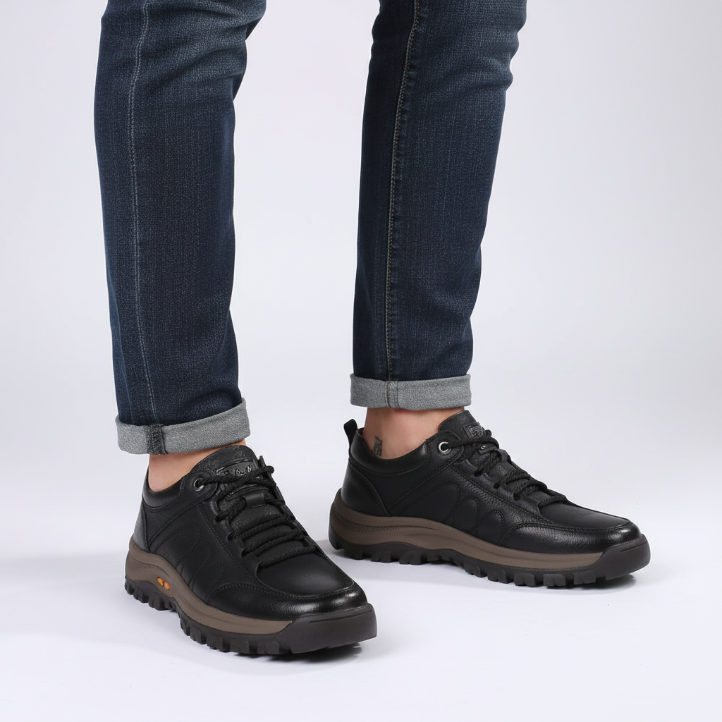 Black leather men's lace-up dress shoes, designed for orthopedic comfort & stylish business wear.