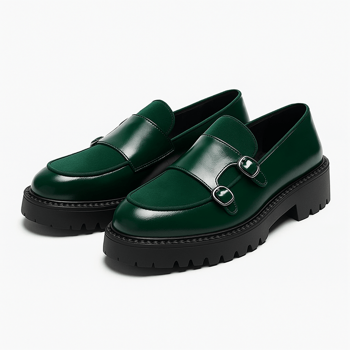 Stylish men's monk strap loafers with polished buckles. Comfortable slip-on formal shoes for modern gentlemen.