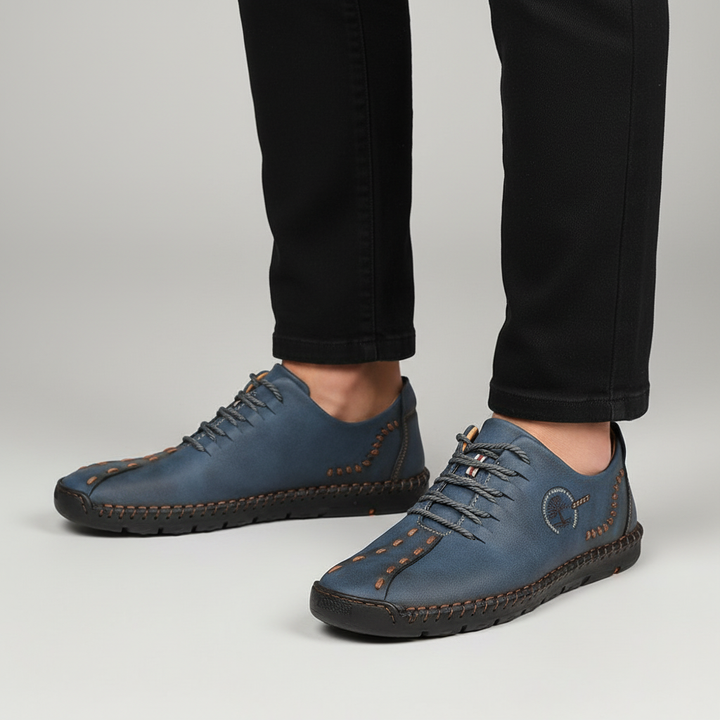 Men's black orthopedic leather sneakers for all-day comfort and arch support. Ideal walking shoes.