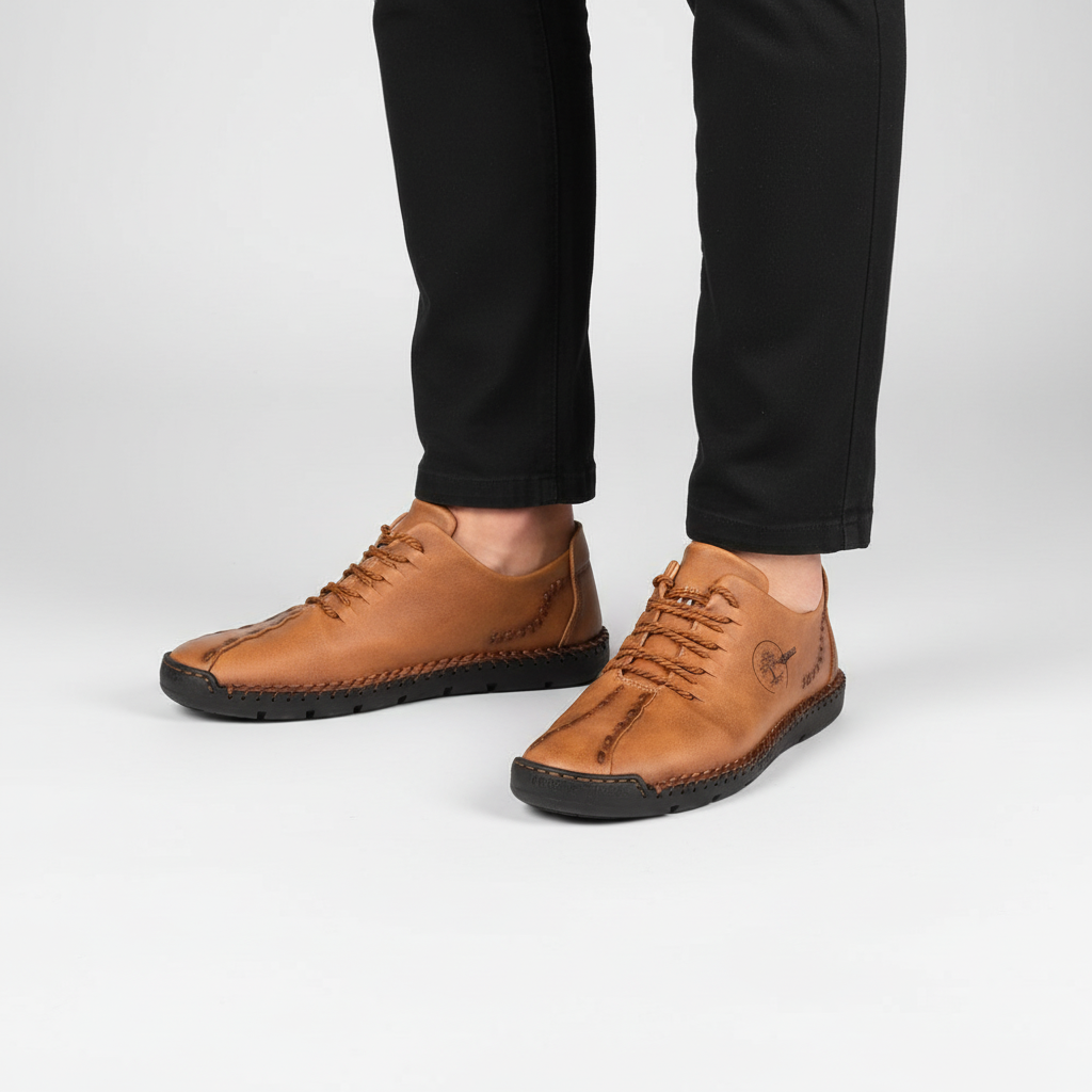 Versatile men's black orthopedic leather sneakers, designed for ultimate comfort, support, and everyday fashion.