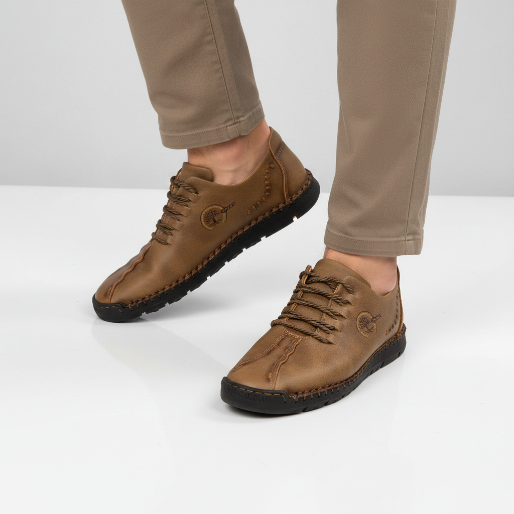 Durable brown leather orthopedic sneakers for men, offering superior arch support & comfort for active daily wear.