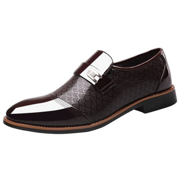 Men's formal patent leather dress shoes featuring a distinctive buckle. Perfect for upscale events, business, and wedding attire.