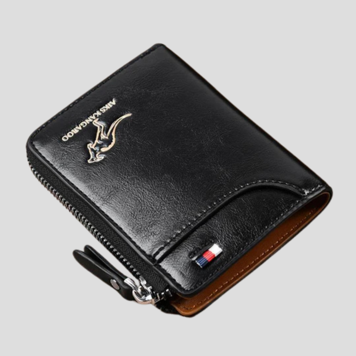 Men's black RFID blocking zip-around bifold wallet. Securely holds cards & cash, perfect for everyday carry.