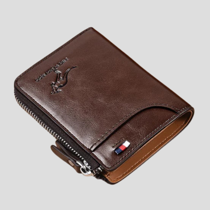 Stylish men's zip-around bifold wallet with RFID protection. Features multiple card slots for organized essentials.