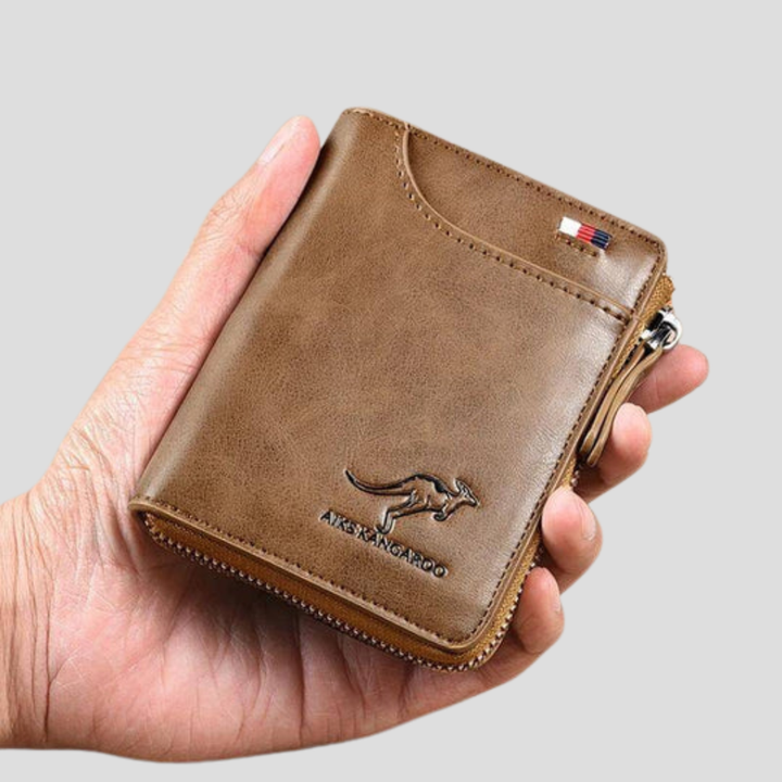 Durable men's RFID blocking security wallet with full zip closure. Ideal gift for men seeking a secure card holder.