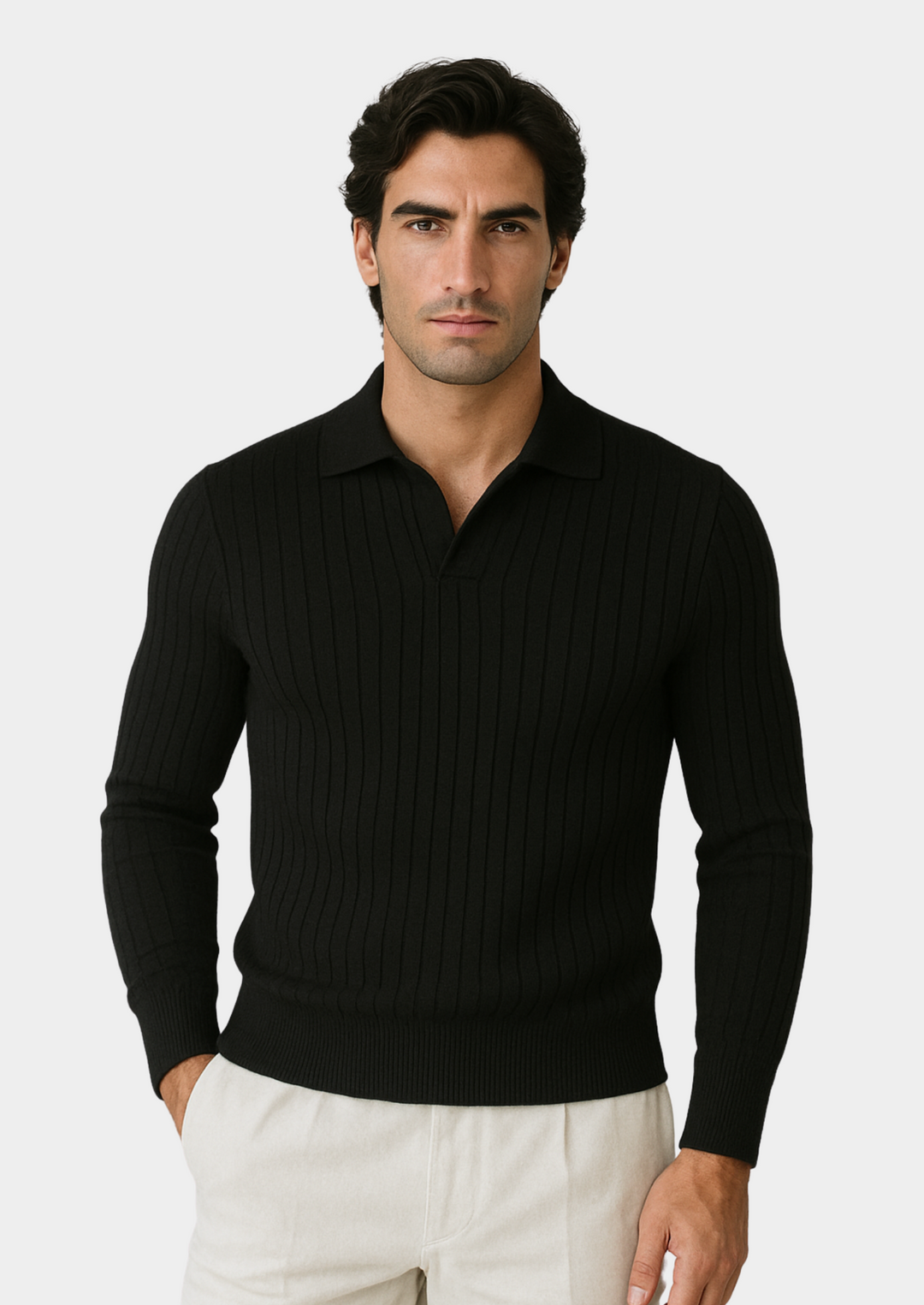 Men's black ribbed long-sleeve polo sweater, perfect for versatile smart casual style.