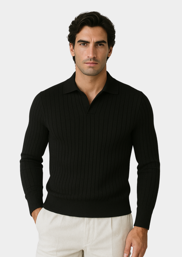 Men's black ribbed long-sleeve polo sweater, perfect for versatile smart casual style.