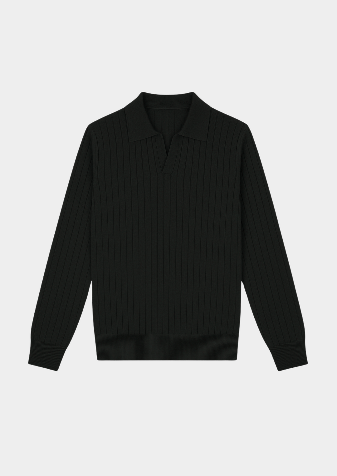 Stylish black ribbed polo sweater for men, featuring an open collar for effortless casual wear.