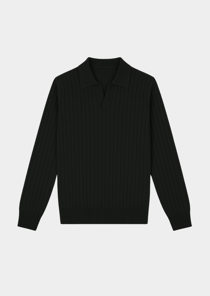 Stylish black ribbed polo sweater for men, featuring an open collar for effortless casual wear.