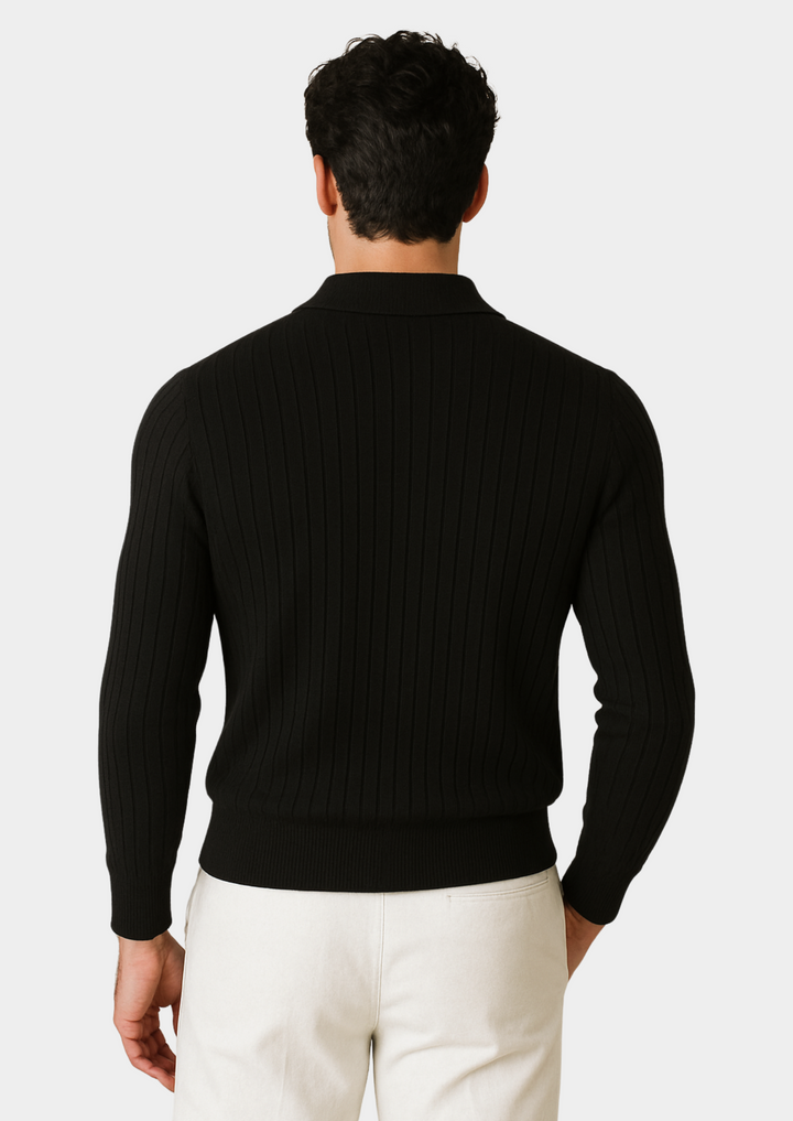 Close-up of a men's black ribbed polo sweater, highlighting the soft texture and smart casual design.