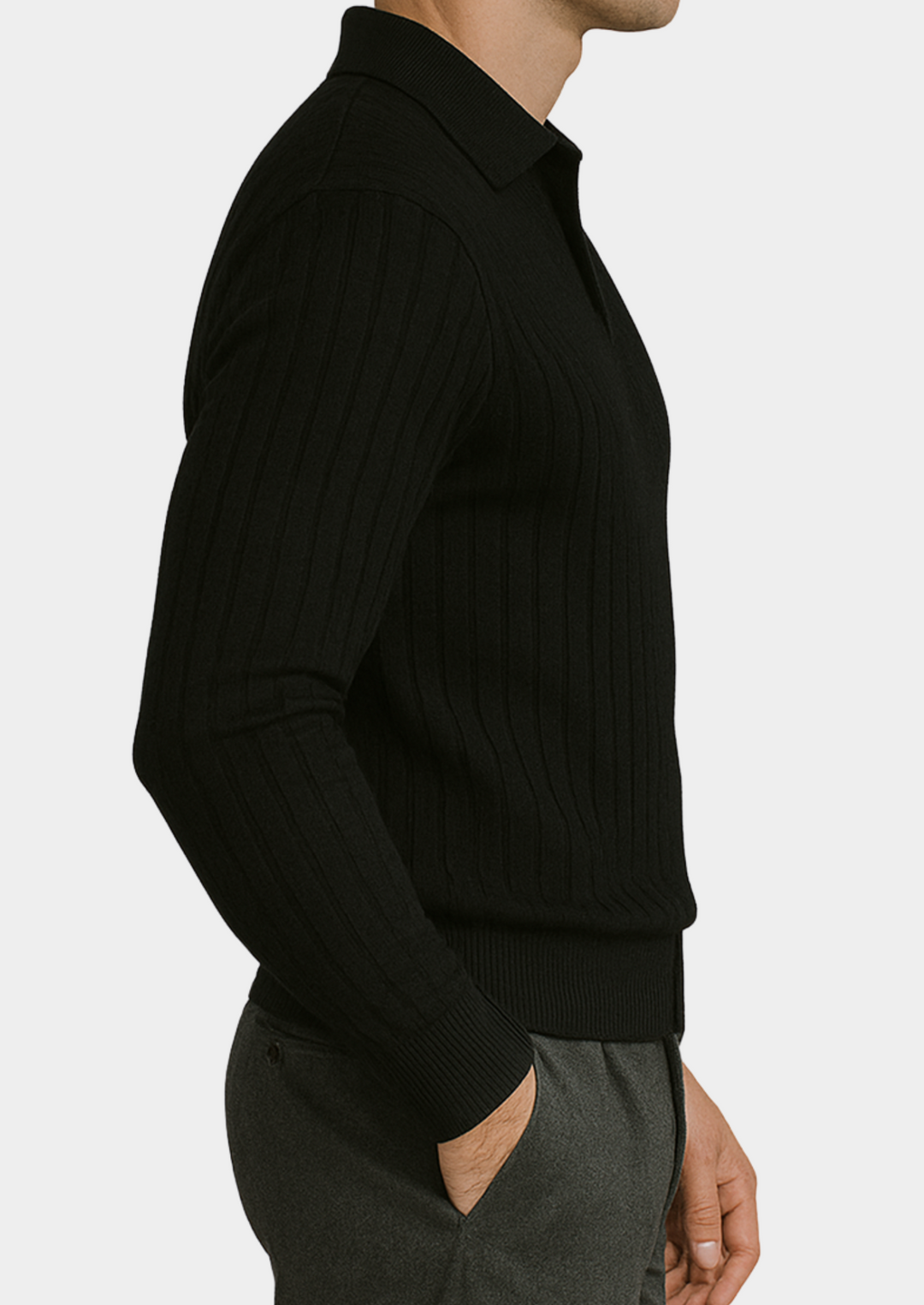 Versatile black long-sleeve ribbed polo sweater for men, an ideal addition to any smart casual wardrobe.