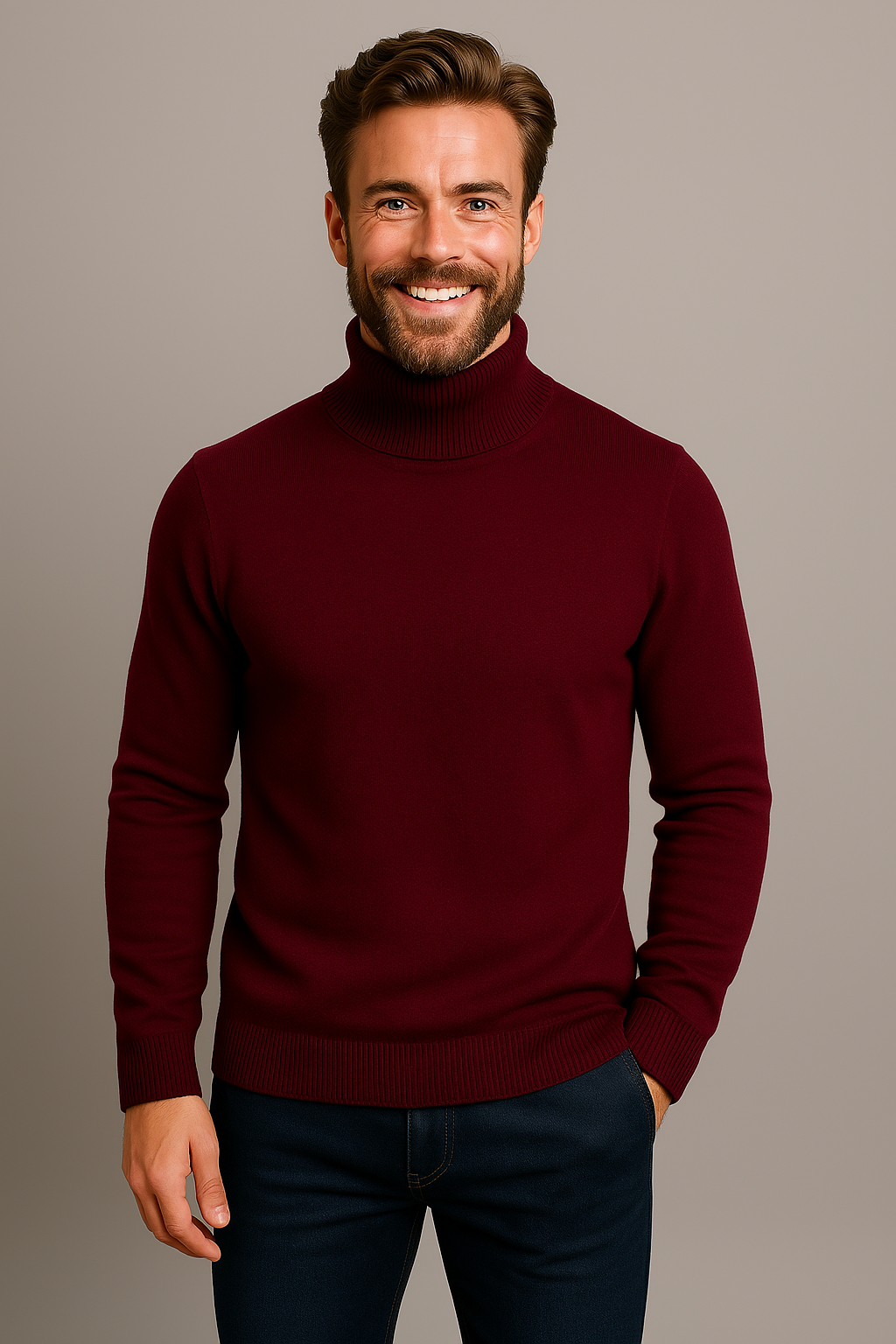 Stylish men's roll neck polo jumper, long sleeve, ideal for smart casual, business & evening wear.
