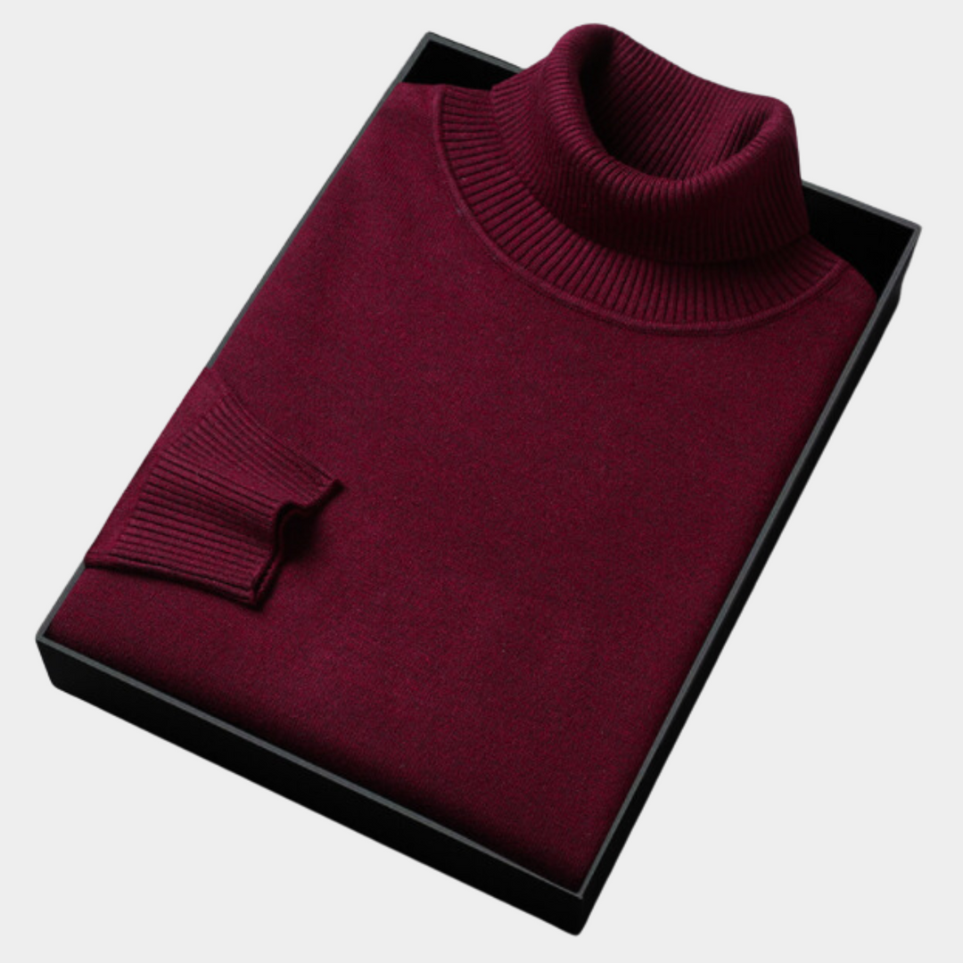 Tailored men's roll neck polo sweater, a sophisticated long-sleeve piece for smart casual occasions.