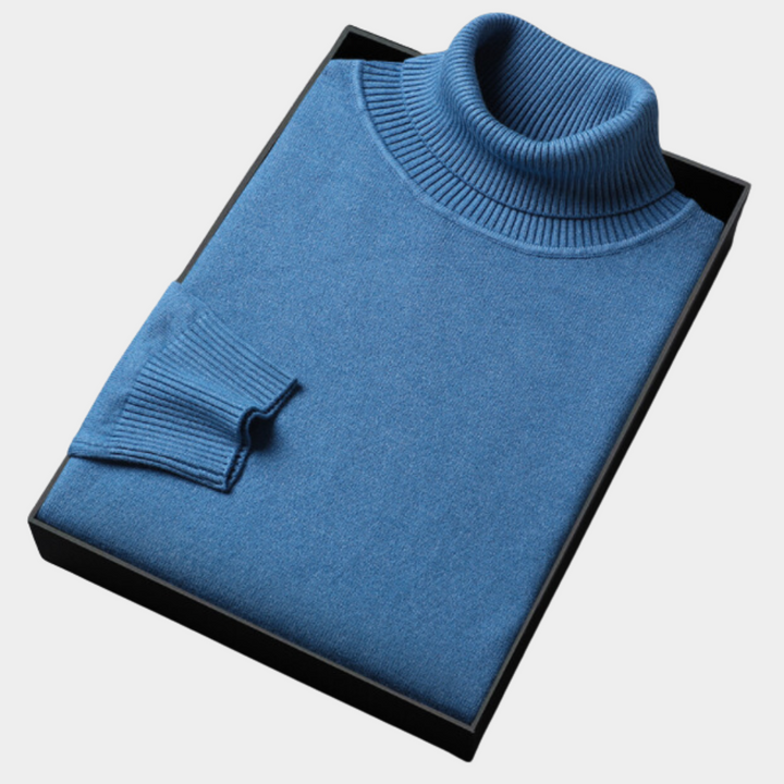 Soft knit men's roll neck polo sweater, long sleeve, perfect for sophisticated smart casual outfits.
