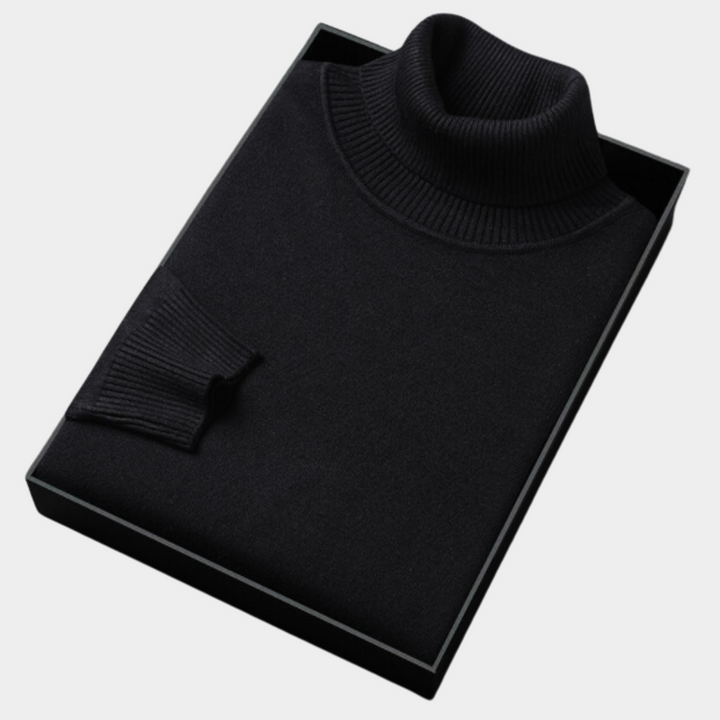 Slim fit men's roll neck sweater, a versatile polo jumper for smart casual and sophisticated evening looks.