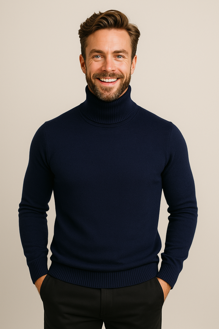 Men's long sleeve roll neck polo sweater, excellent for smart casual, evening events & business wear.