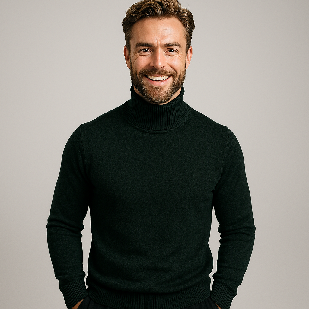 Fashionable men's roll neck polo sweater, long sleeve, perfect for a modern smart casual wardrobe.