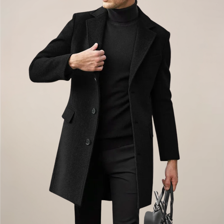 Men's black single-breasted long overcoat, perfect for stylish winter wear and formal business attire.