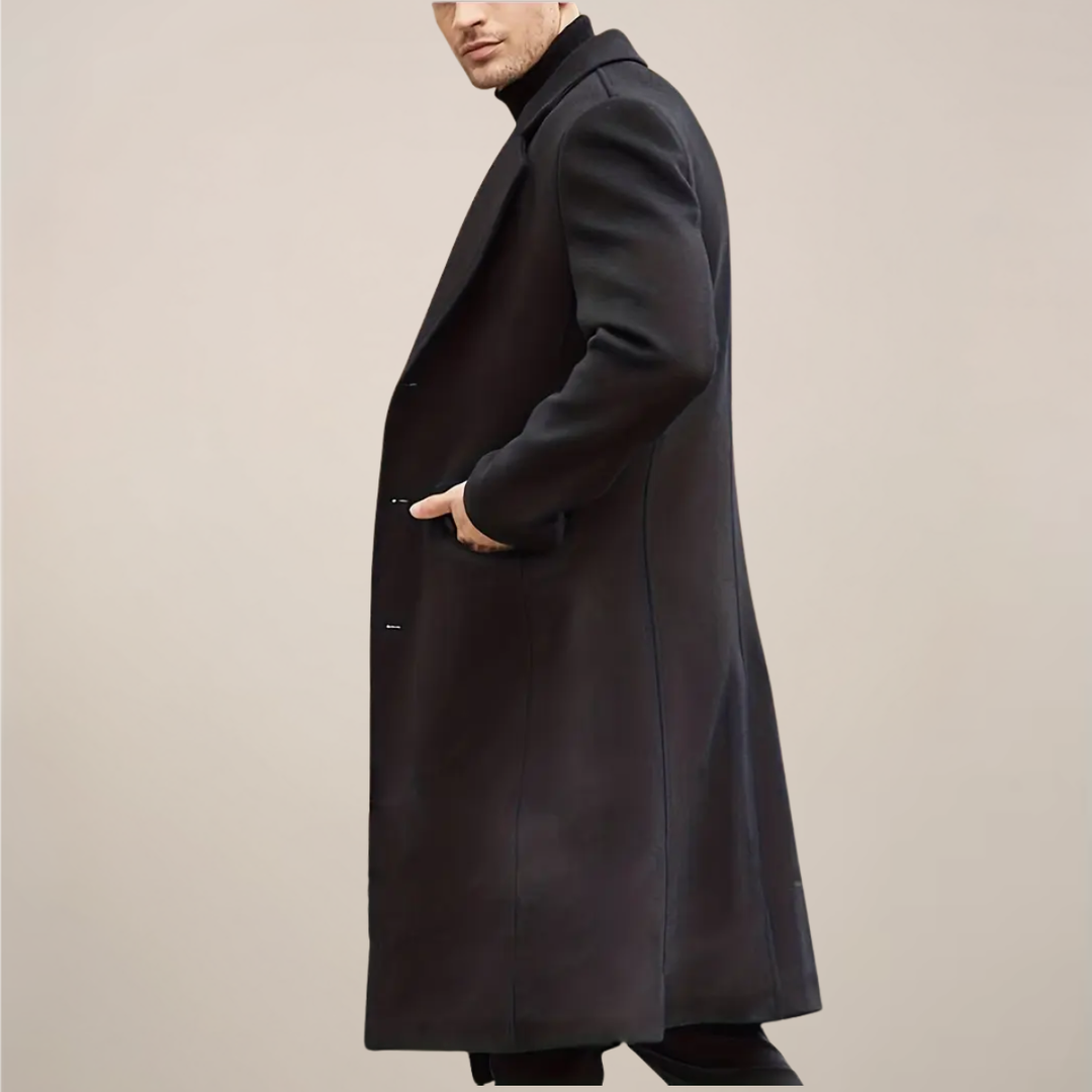 Tailored black long overcoat for men, a sophisticated single-breasted winter coat ideal for elegant gentlemen.