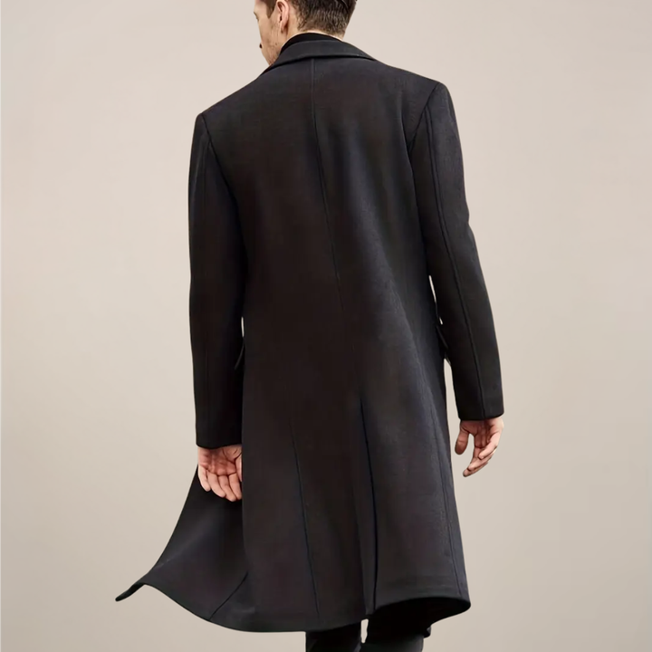 Stylish men's black single-breasted long winter coat, a classic outerwear choice for cold weather and formal occasions.