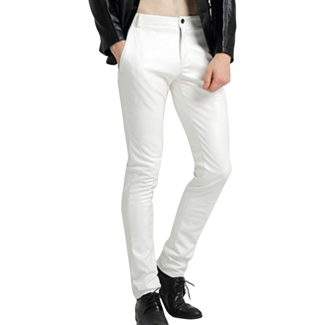 Black men's slim fit biker pants, tapered for a modern edgy look. Comfortable street style trousers & bottoms.
