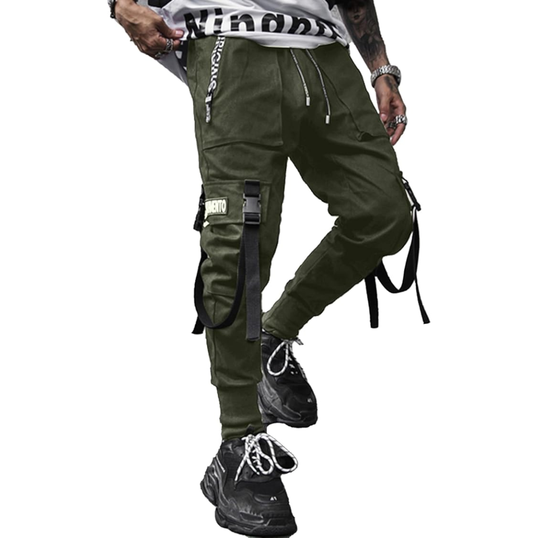 Men's black tactical cargo joggers with multiple pockets, perfect for streetwear & urban techwear style.