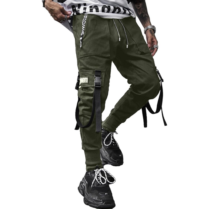 Men's black tactical cargo joggers with multiple pockets, perfect for streetwear & urban techwear style.