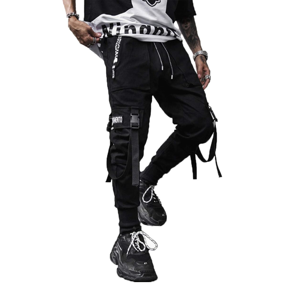 Comfortable men's streetwear cargo joggers, black, featuring a tapered leg & relaxed urban fit.
