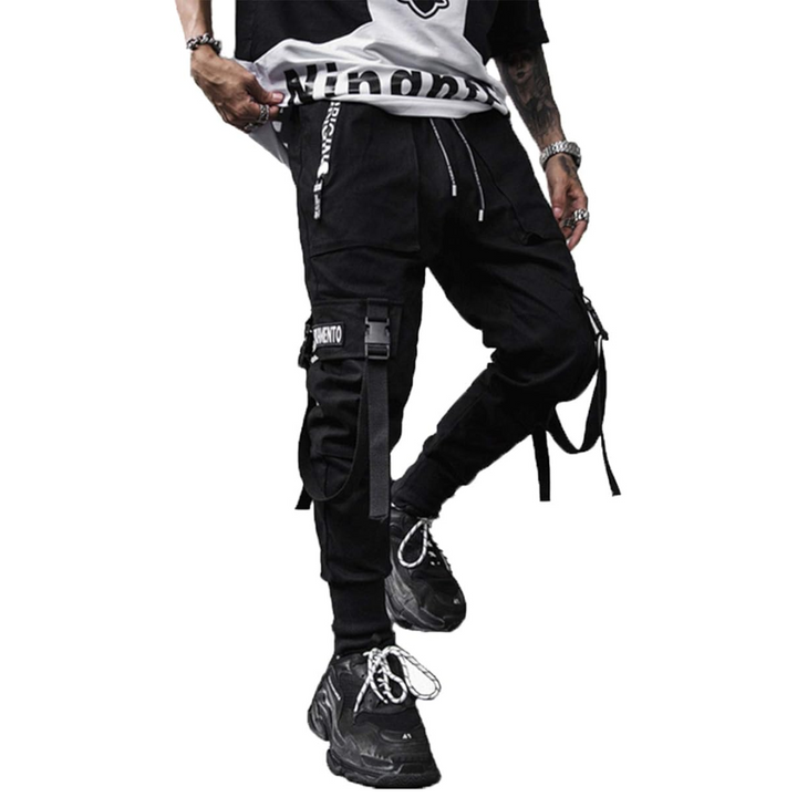 Comfortable men's streetwear cargo joggers, black, featuring a tapered leg & relaxed urban fit.