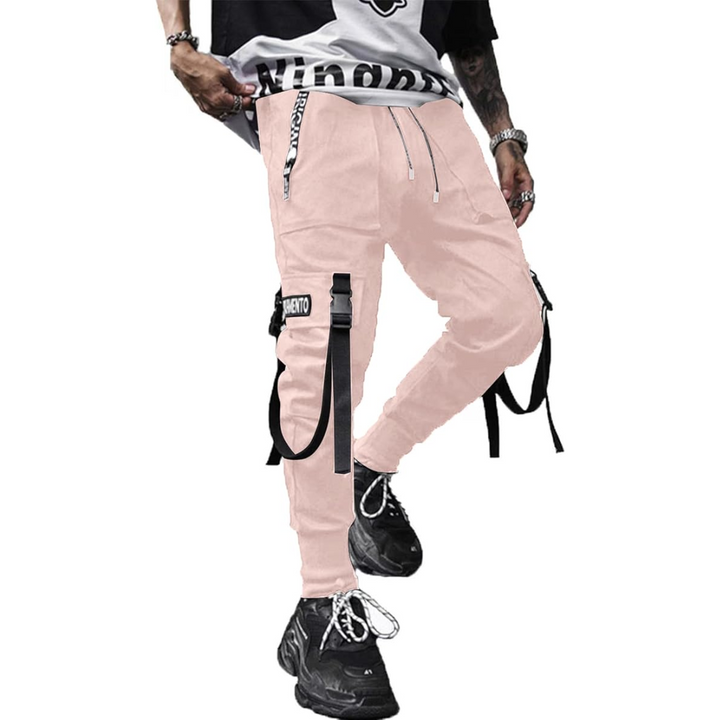 Men's black tapered leg cargo joggers, blending tactical function with modern streetwear aesthetics.