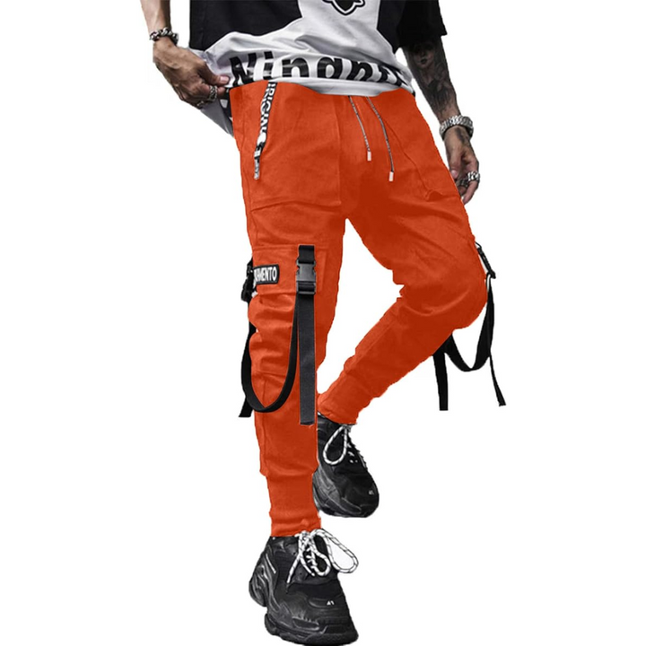 Urban fashion men's black harem cargo joggers, comfortable fit with tactical pockets for street style.