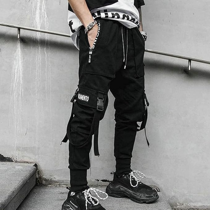 Black men's multi-pocket cargo joggers, offering a comfortable tapered fit for a modern streetwear look.
