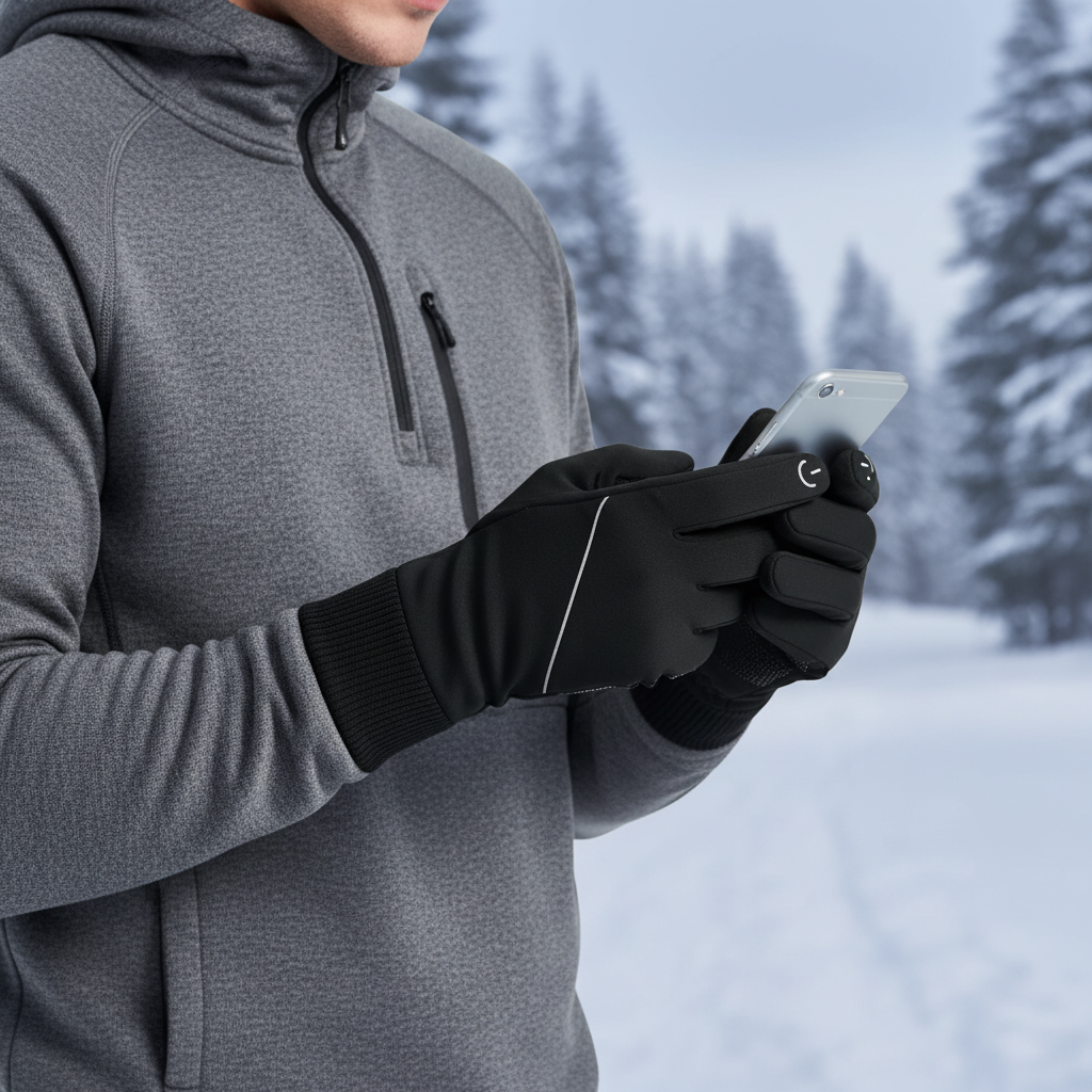 Men's black touchscreen winter gloves for cold weather. Warm, windproof & ideal for outdoor activities.