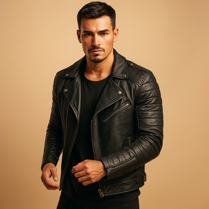 Men's black waterproof biker jacket for all-season style & protection. Windproof motorcycle outerwear.