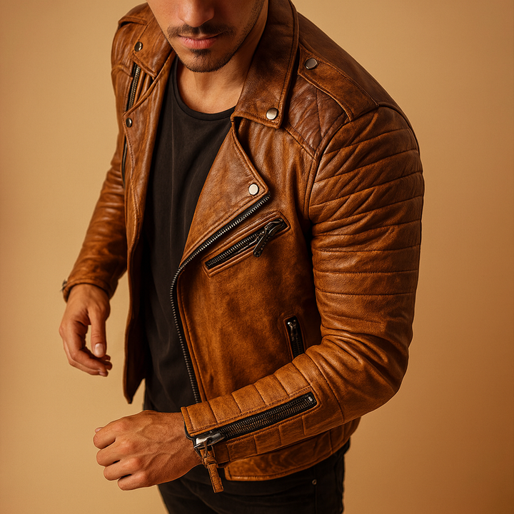 Stylish men's brown waterproof motorcycle jacket, ideal for fall & winter protection. Durable biker outerwear.