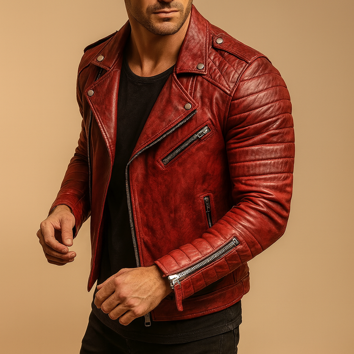 Red men's all-season waterproof biker jacket. Protective & windproof motorcycle outerwear for stylish rides.