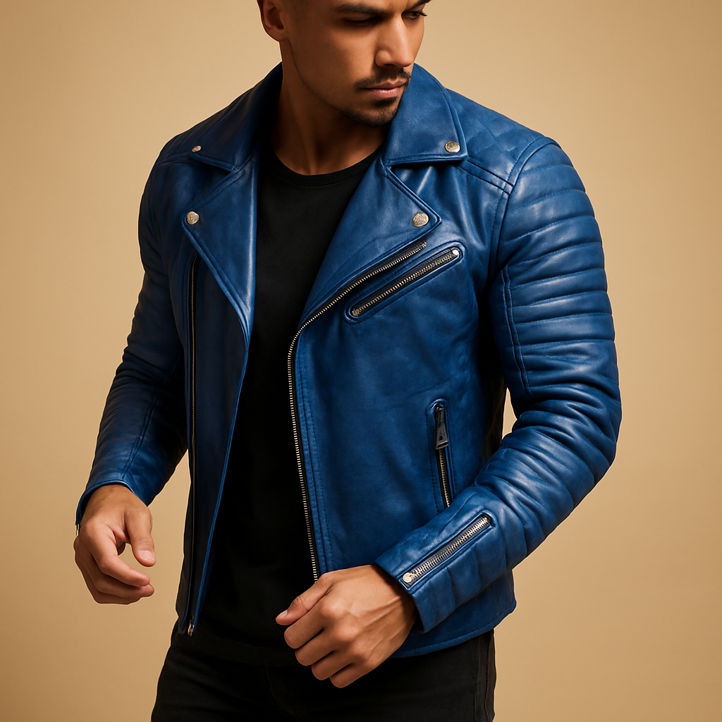 Blue men's waterproof biker jacket. Stylish & protective all-season outerwear for motorcycle riders. Windproof.