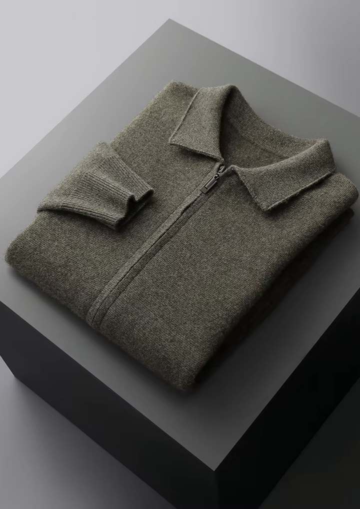 Classic men's zip-up cardigan, a smart casual all-season versatile layer for men's fashion.