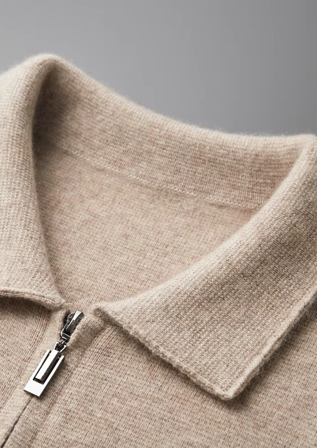 Stylish collared men's zip-up cardigan sweater, great for business casual and men's fashion.