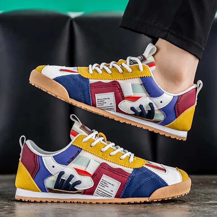 Everyday men's comfortable patchwork sneakers. Blue, gray & yellow utility footwear for active urban style.