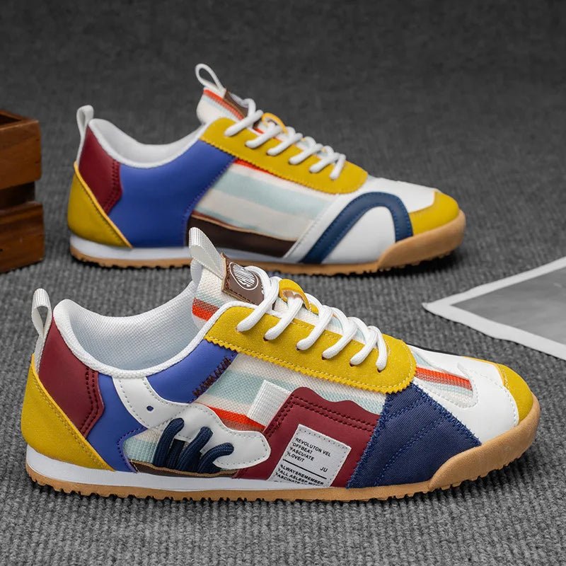 Patchwork blue, gray, yellow men's utility sneakers. Comfortable & durable for active trail & street adventures.