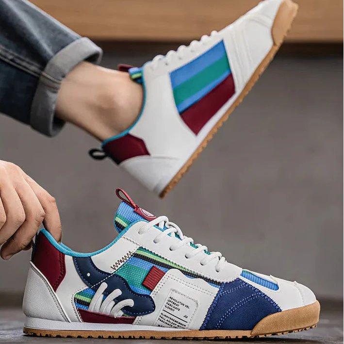 Stylish men's fashion sneakers. Patchwork blue, gray & yellow utility shoes for urban & trail exploration.
