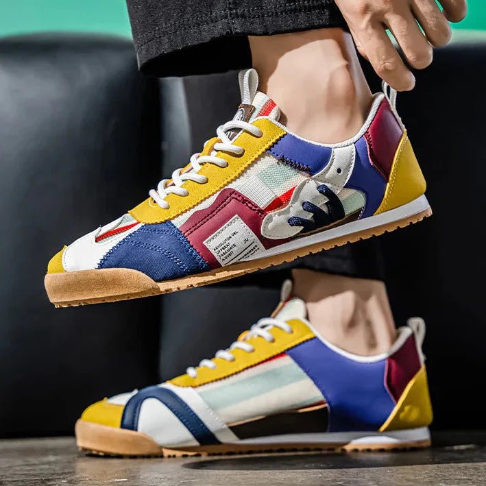 Active men's patchwork trail & street sneakers. Blue, gray & yellow multi-terrain utility shoes for comfort.