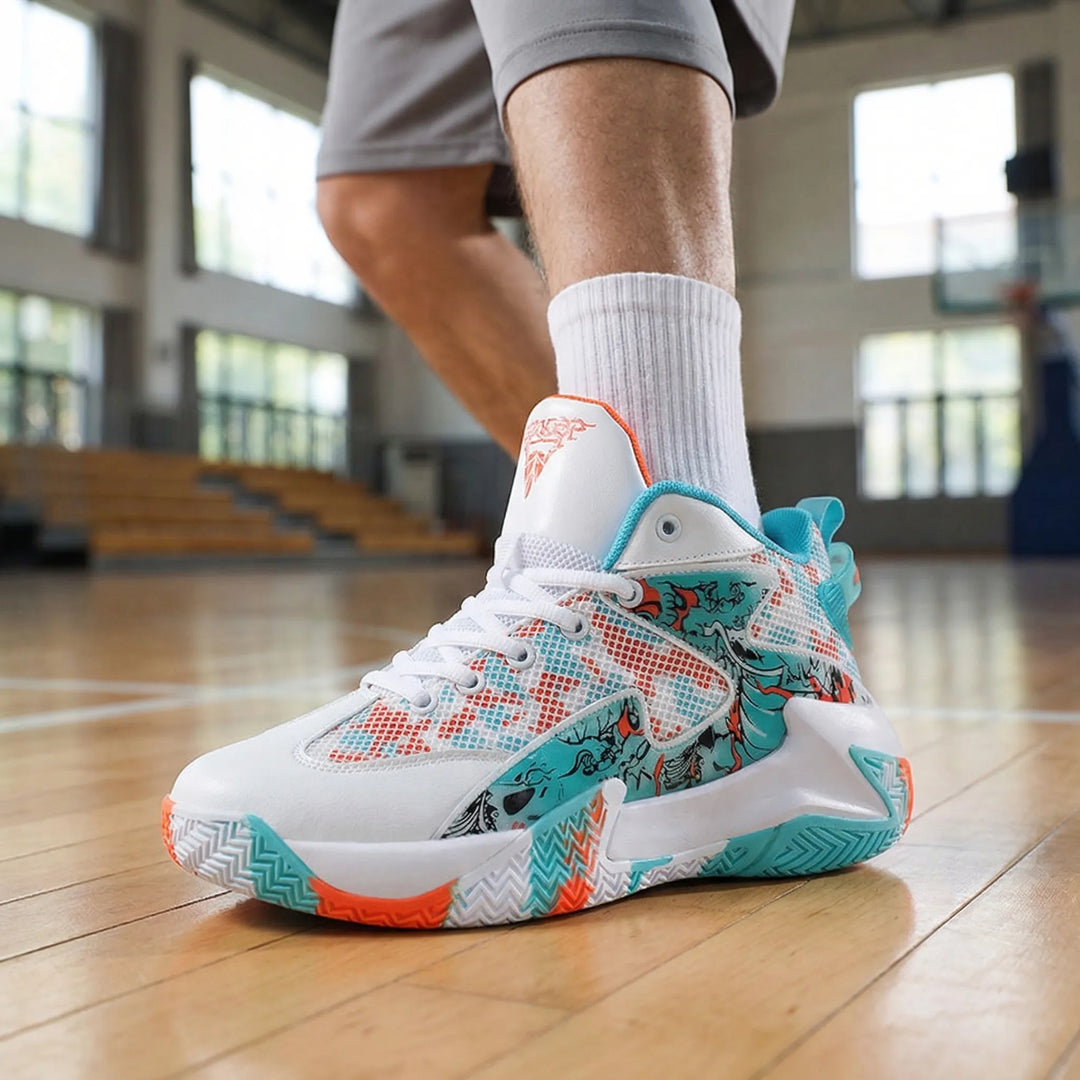 Men's bold graphic high-top court sneakers for basketball. Athletic performance trainers with secure lace-up fit.
